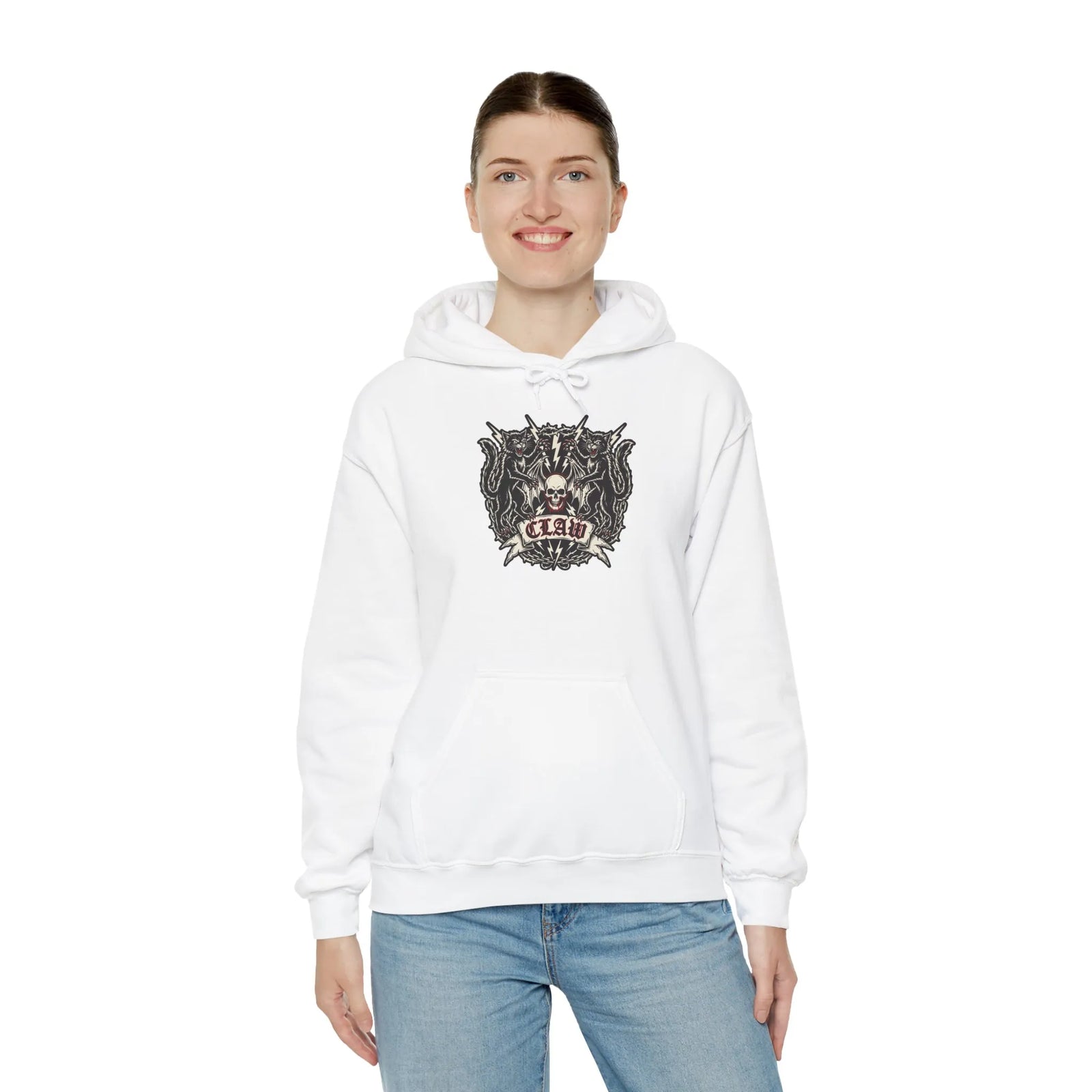 Band Crest Heavy Metal Rocker Cats Hoodie - Heavyweight Cotton Blend Classic Fit - Unisex White