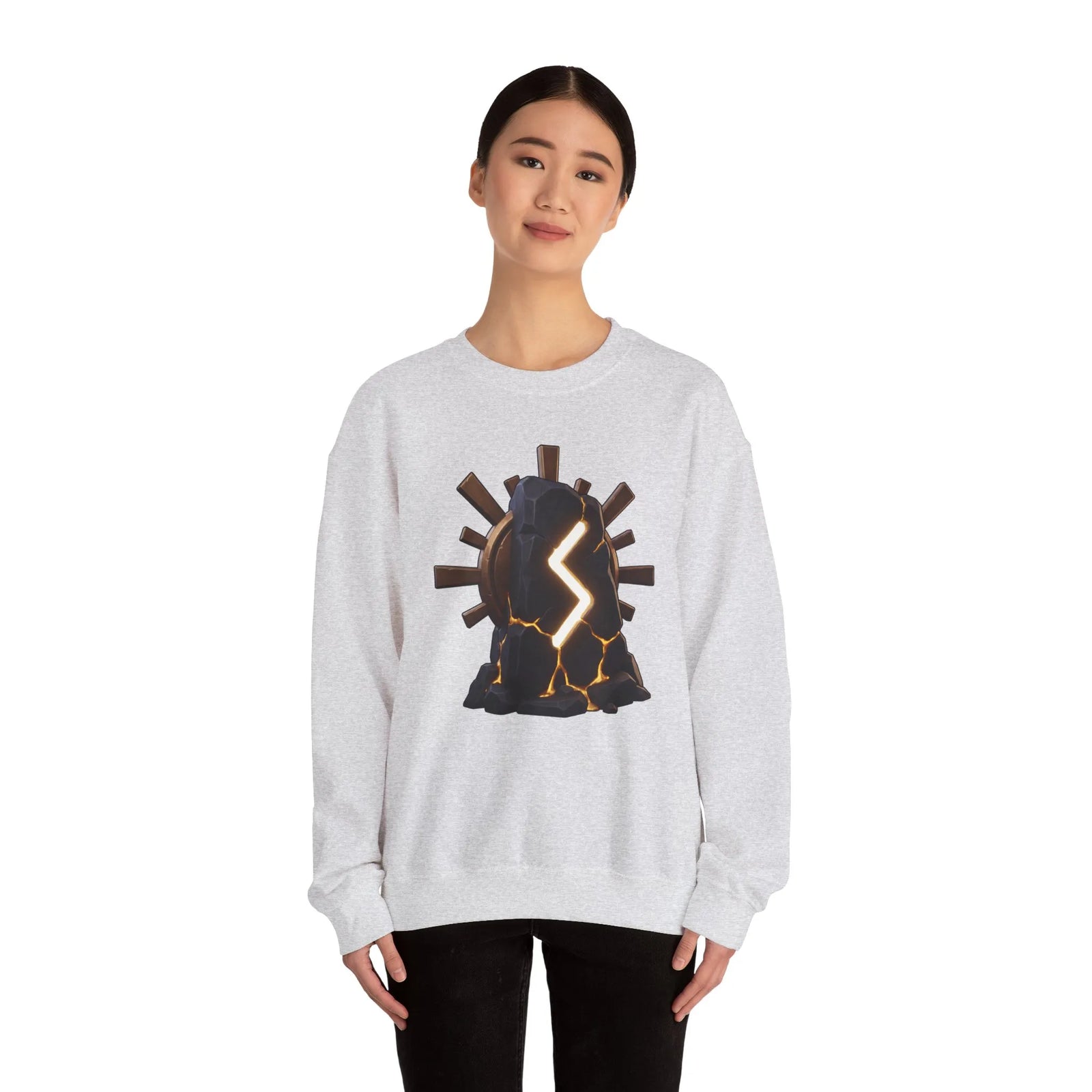 Sowulo Rune Sun Graphic Sweatshirt - Classic Fit Fleece Crewneck - Unisex White