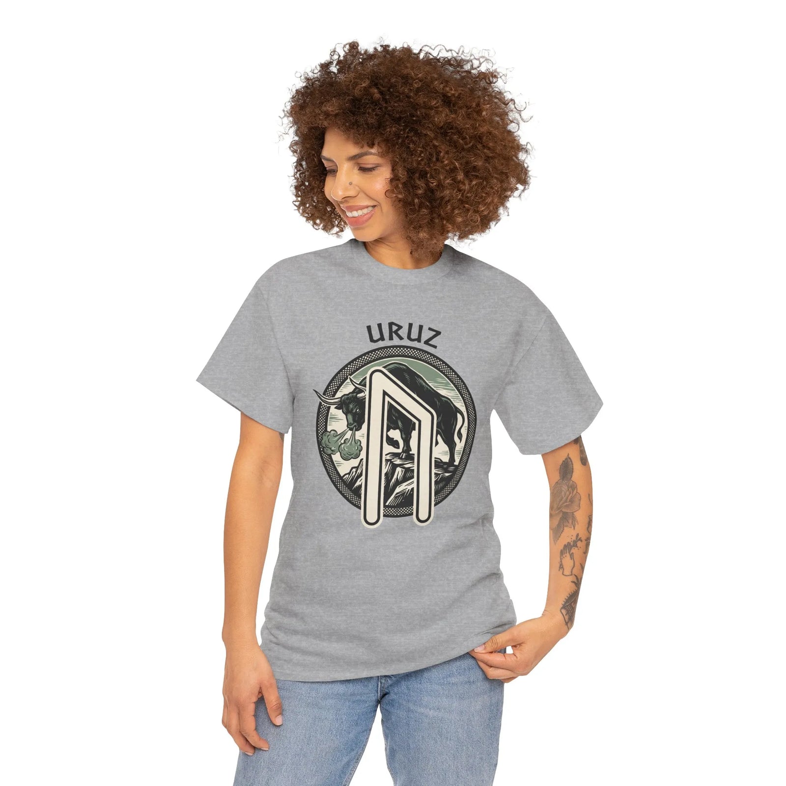 Uruz Runic Bull Graphic T-Shirt - Heavyweight Cotton Classic Fit Tee - Unisex White