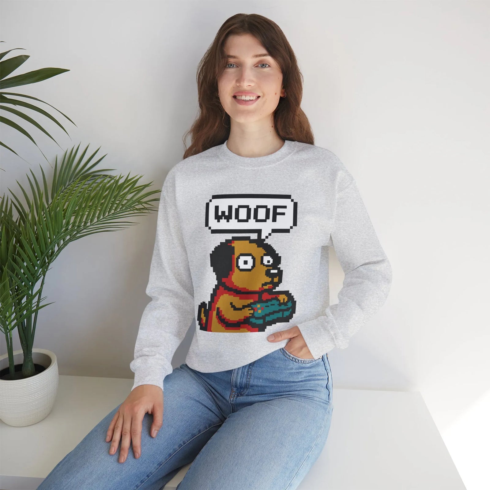 8-Bit Pixel Gaming Dogs Sweatshirt - Heavy Blend Cotton-Poly Crewneck - Unisex White