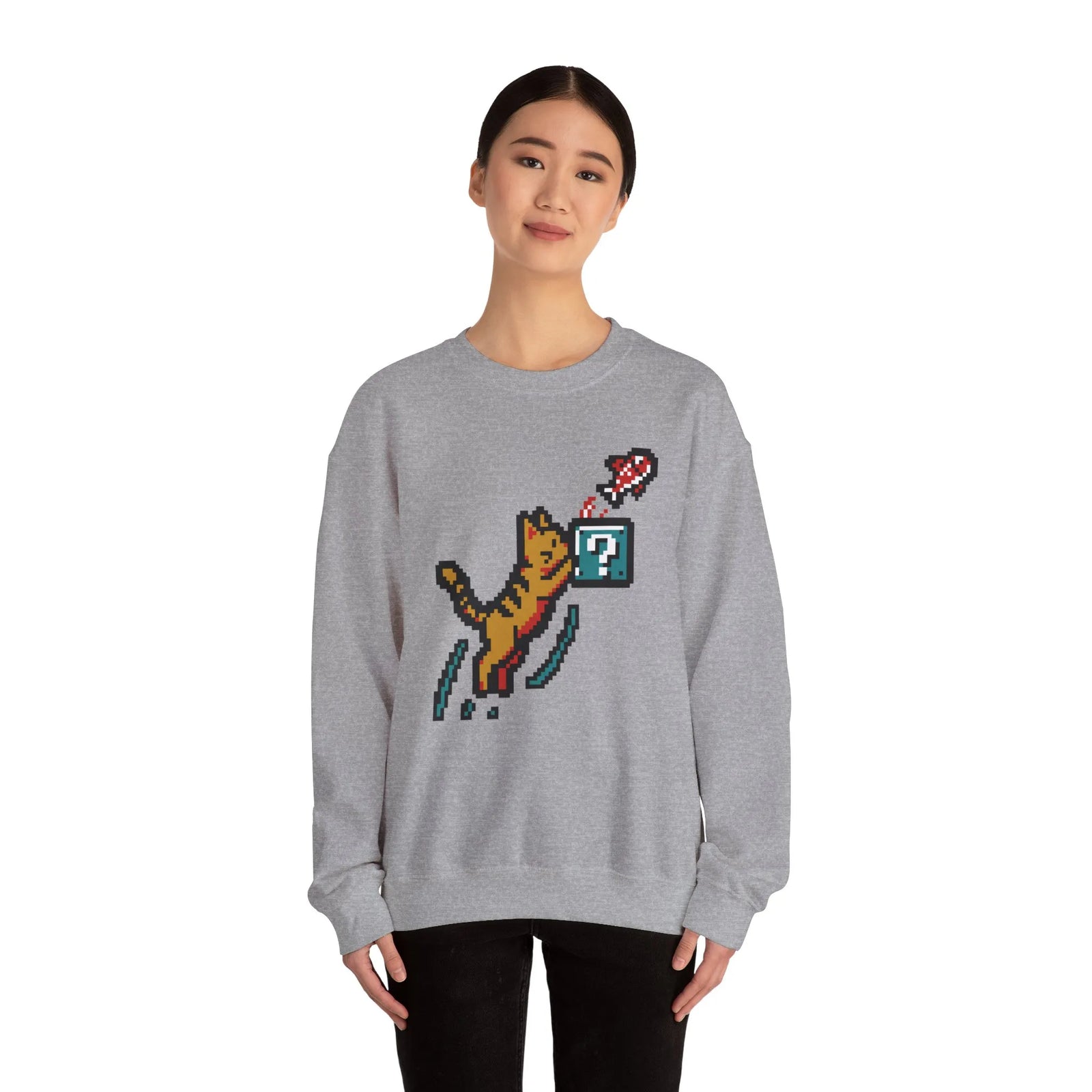 8-Bit Pixel Gaming Cats Sweatshirt - Heavy Blend Fleece Crewneck - Unisex White