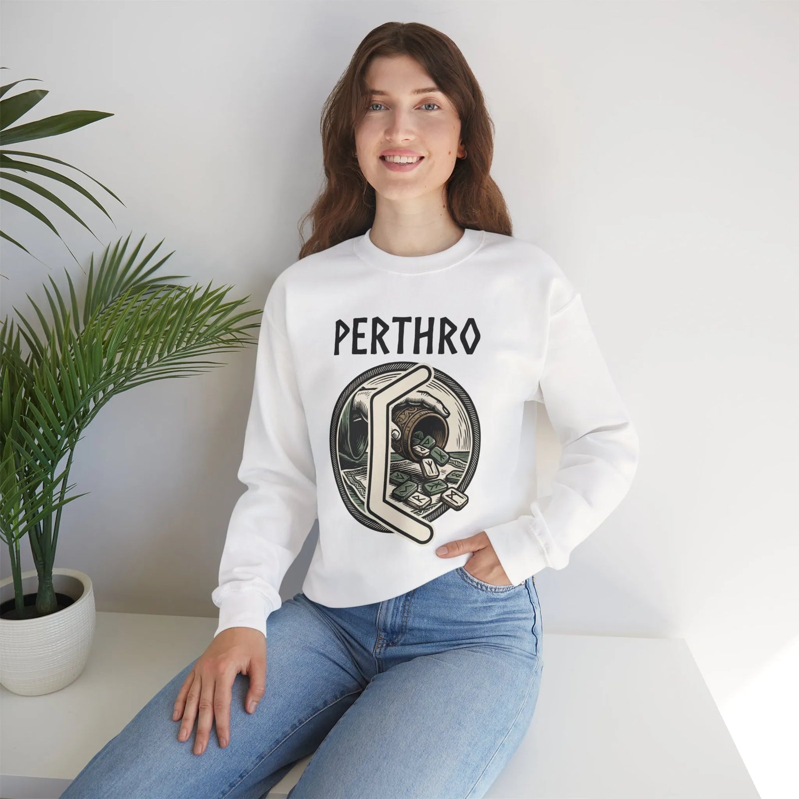 Perthro Rune Lot Cup Graphic Sweatshirt - Heavy Blend Fleece Crewneck - Unisex White