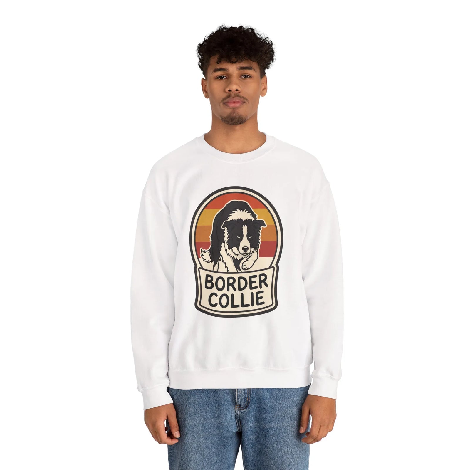 Border Collie Retro Sunset Sweatshirt - Heavy Blend Cotton Blend Crewneck - Unisex White