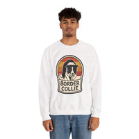 Border Collie Retro Sunset Sweatshirt - Heavy Blend Cotton Blend Crewneck - Unisex White