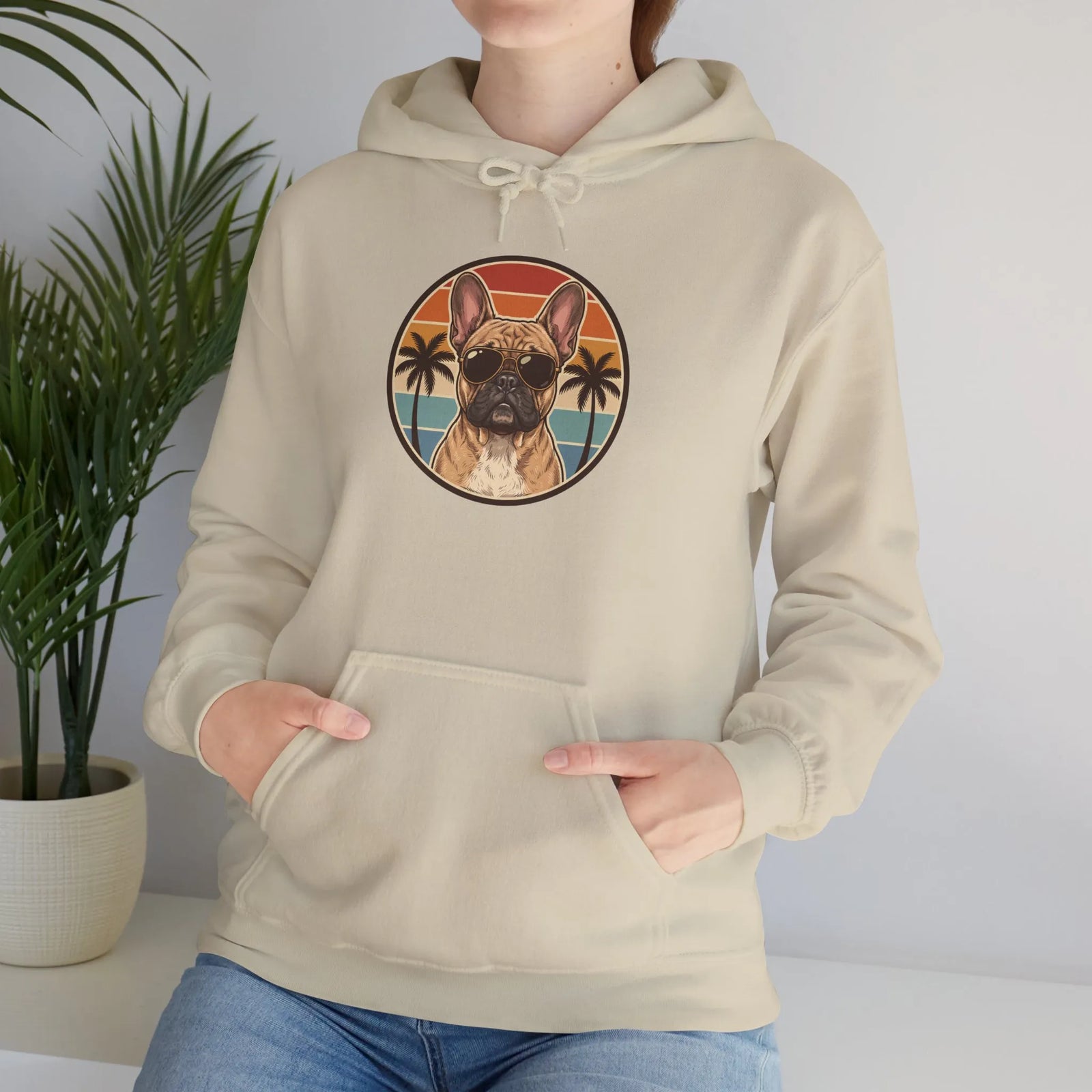 French Bulldog Sunset Aviator Hoodie - Soft Cotton Blend Fleece Pullover - Unisex White