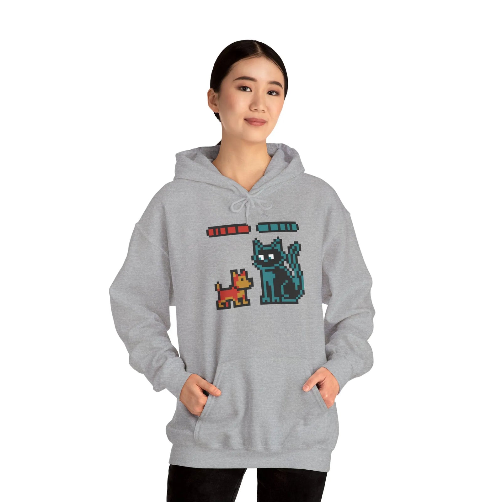 Boss Fight 8-Bit Pixel Gaming Dogs Hoodie - Medium Weight Cotton Blend Pullover - Unisex White