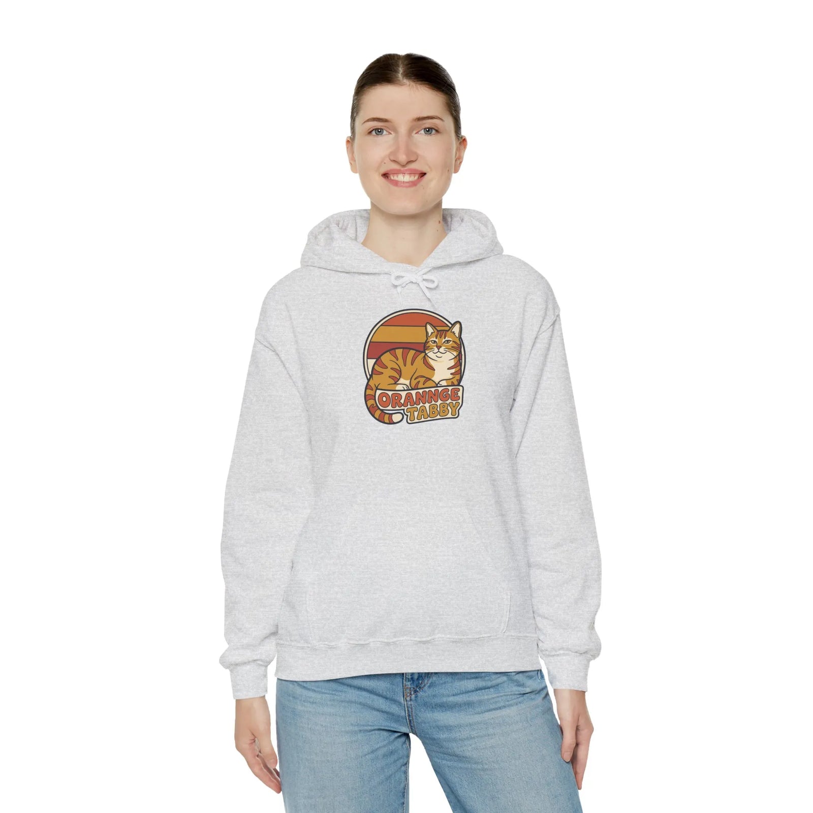 Orange Tabby Retro 70s Sunset Hoodie - Cozy Cotton Blend Pullover - Unisex White