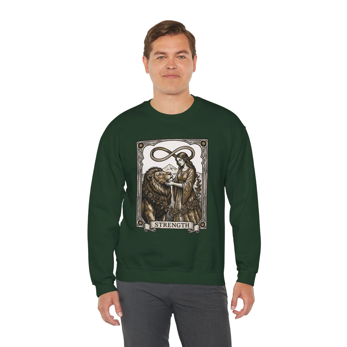 Strength Tarot Card Sweatshirt - Heavy Blend Crewneck Fleece - Unisex White