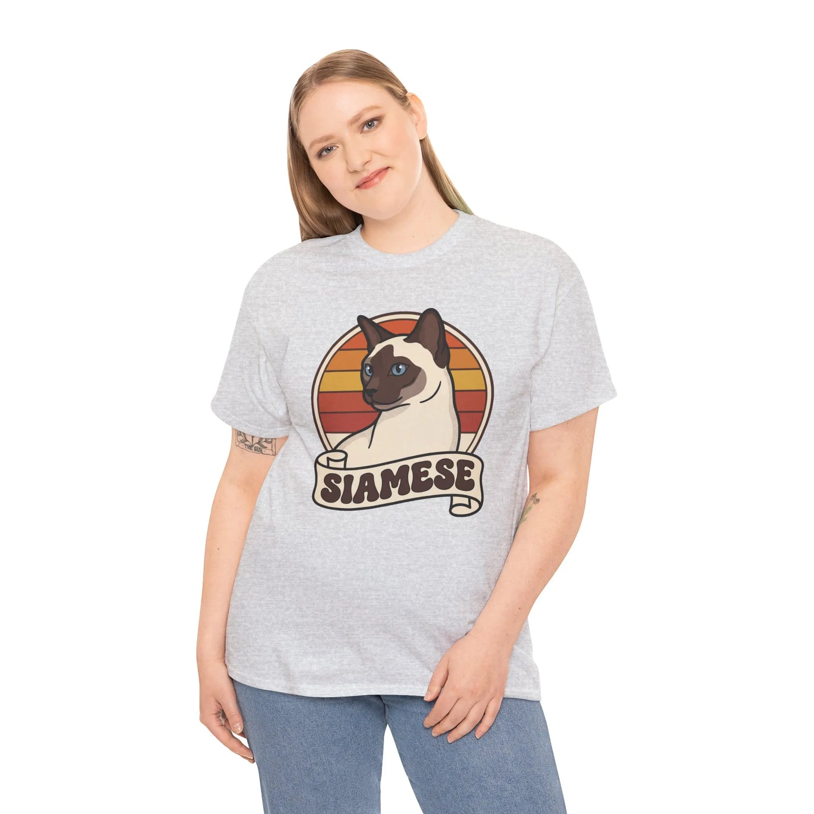 Siamese Cat Retro 70s Sunset T-Shirt - Heavy Cotton Classic Fit Tee - Unisex White