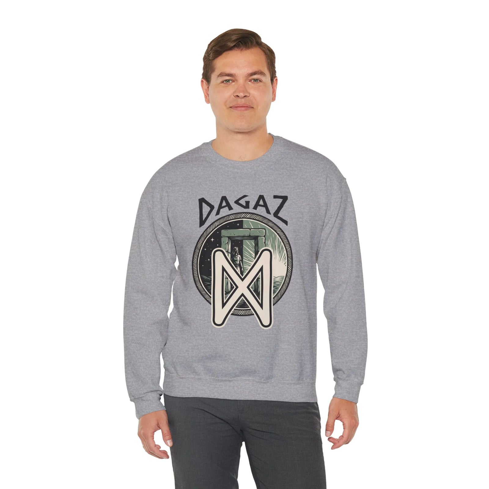 Dagaz Rune Dawn Dusk Graphic Sweatshirt - Heavyweight Cotton Poly Blend Crewneck - Unisex White