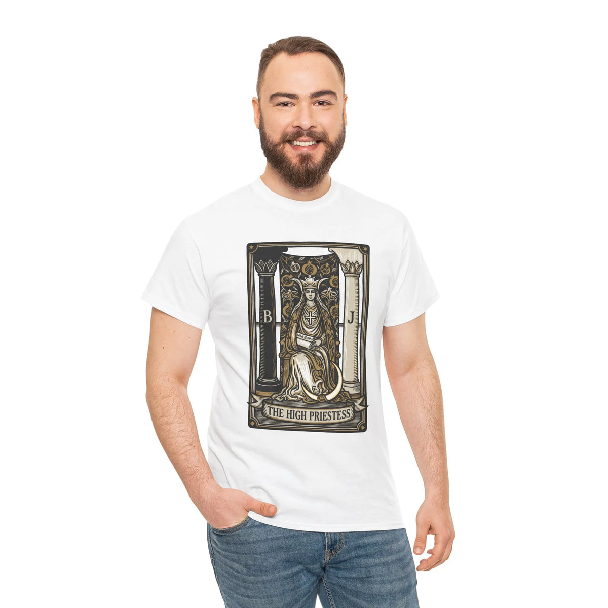 The High Priestess Tarot Card T-Shirt - Heavy Cotton Classic Fit Tee - Unisex White