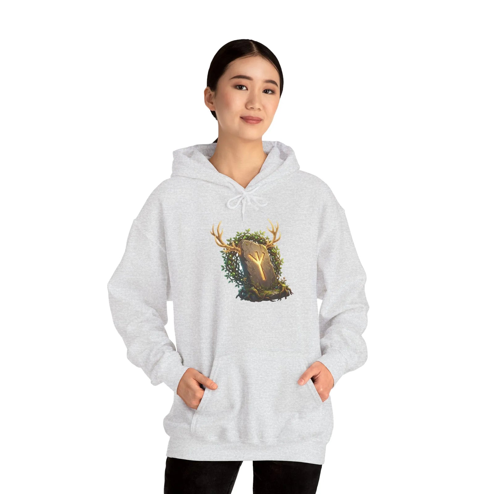 Elhaz Protection Rune Antler Hoodie - Heavy Blend Cotton Blend Pullover - Unisex White