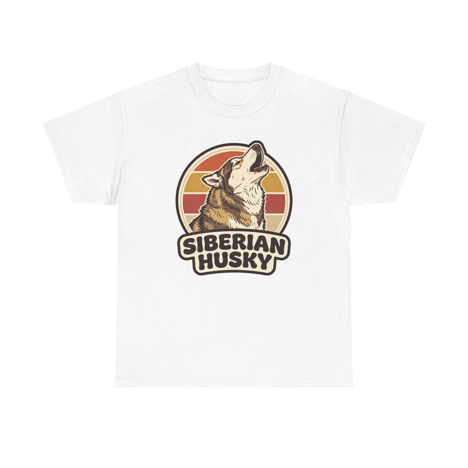 Siberian Husky Retro Sunset T-Shirt - Heavy Cotton Classic Fit Tee - Unisex White