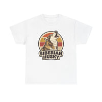 Siberian Husky Retro Sunset T-Shirt - Heavy Cotton Classic Fit Tee - Unisex White