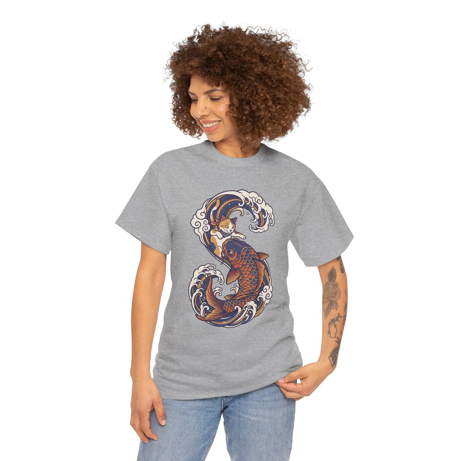 Koi Rider Ukiyo-e Samurai Cat T-Shirt - Heavy Cotton Classic Fit Tee - Unisex White