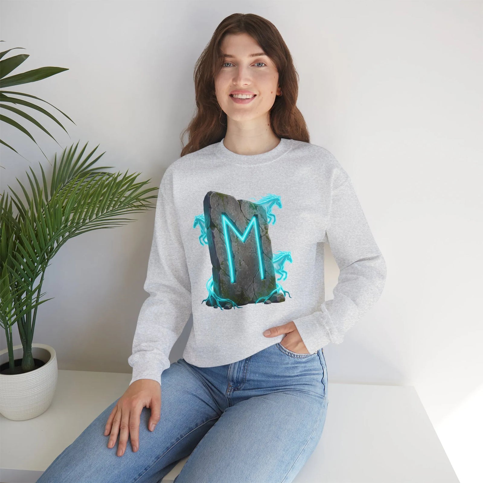 Ehwaz Rune Spirit Horse Sweatshirt - Heavy Blend Classic Fit Crewneck - Unisex White
