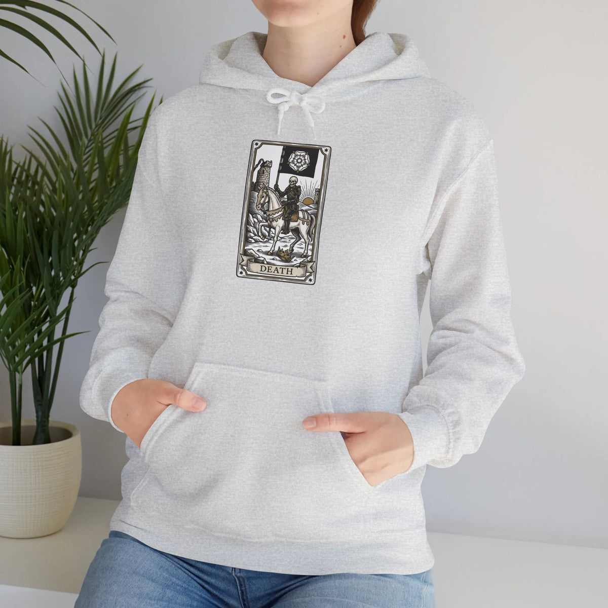 Death Tarot Card Graphic Hoodie - Medium-Heavy Cotton-Poly Blend Pullover - Unisex White