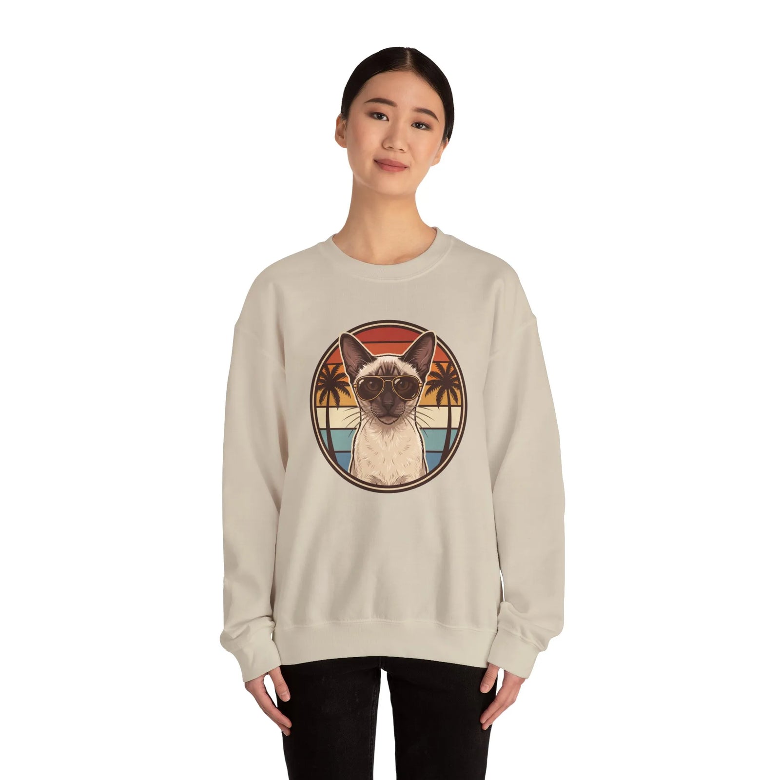 Siamese Cat 70s Sunset Aviator Sweatshirt - Heavy Blend Cotton Blend Crewneck - Unisex White