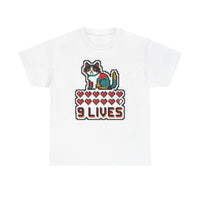 Nine Lives 8-Bit Pixel Gaming Cat T-Shirt - Heavy Cotton Classic Fit - Unisex White