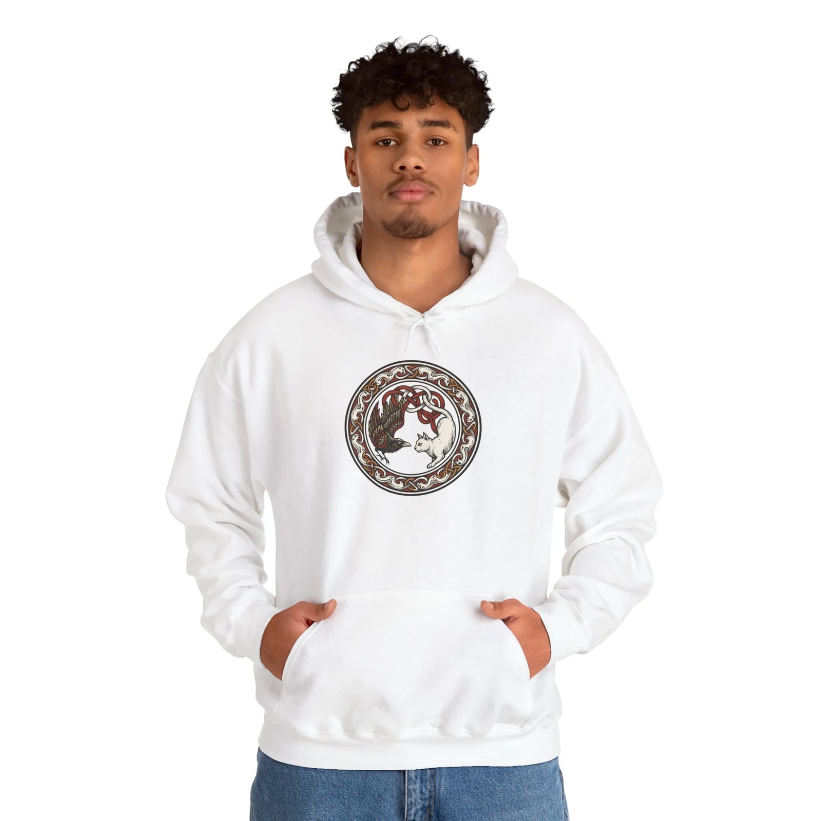 Freyja's Cats & Raven Norse Woodcut Hoodie - Soft Medium-Heavy Blend Pullover - Unisex White