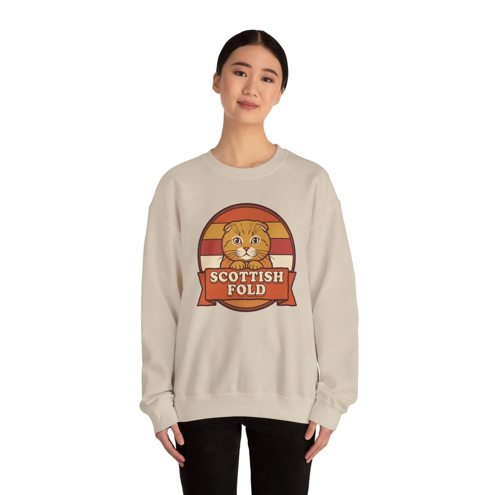 Scottish Fold Retro Sunset Sweatshirt - Heavyweight Cotton Blend Crewneck - Unisex White
