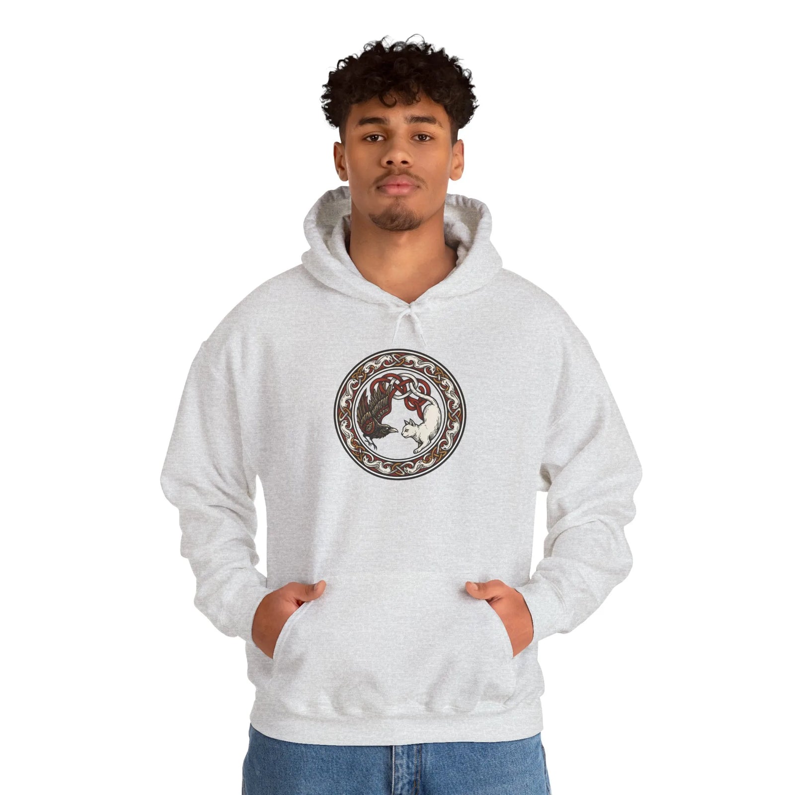 Freyja's Cats & Raven Norse Woodcut Hoodie - Soft Medium-Heavy Blend Pullover - Unisex White