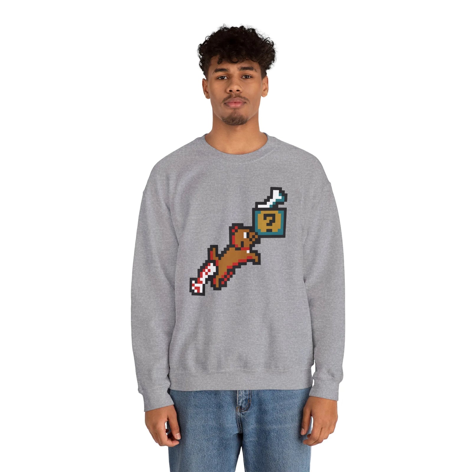 Fetch Quest 8-Bit Pixel Gaming Dog Sweatshirt - Heavy Blend Cotton Polyester Crewneck - Unisex White