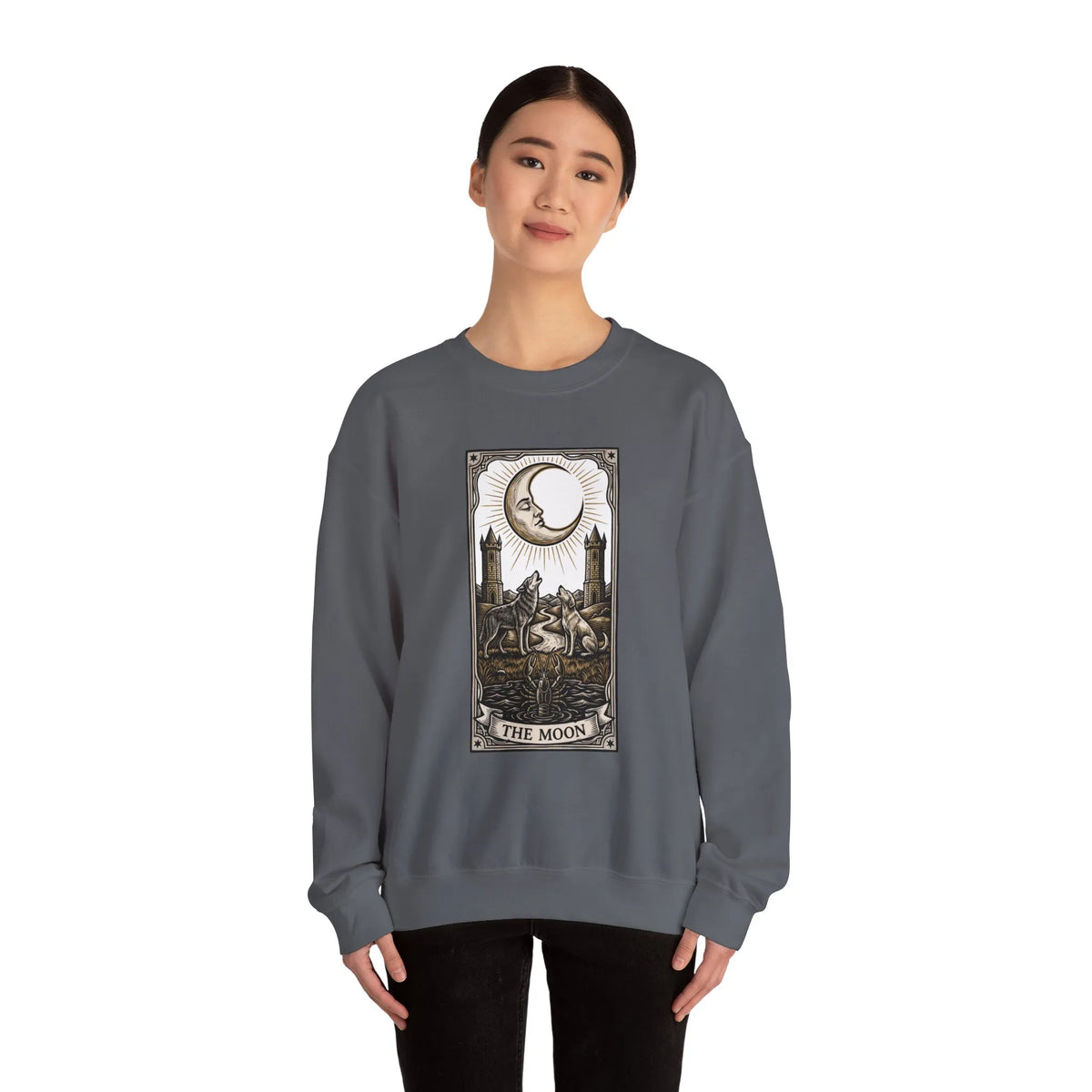 Moon Tarot Card Wolves Graphic Sweatshirt - Heavy Blend Fleece Crewneck - Unisex White
