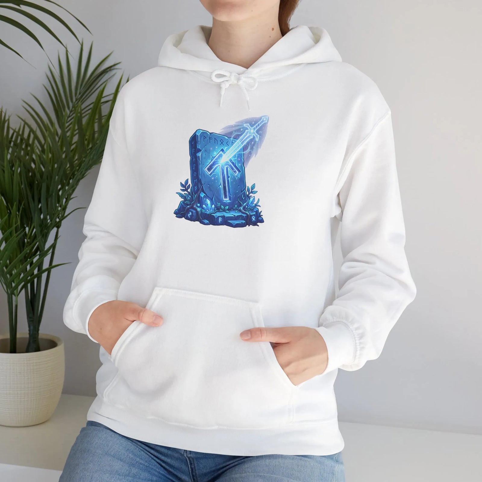 Tiwaz Tyr Sword Graphic Hoodie - Classic Fit Pouch Pocket Fleece - Unisex White