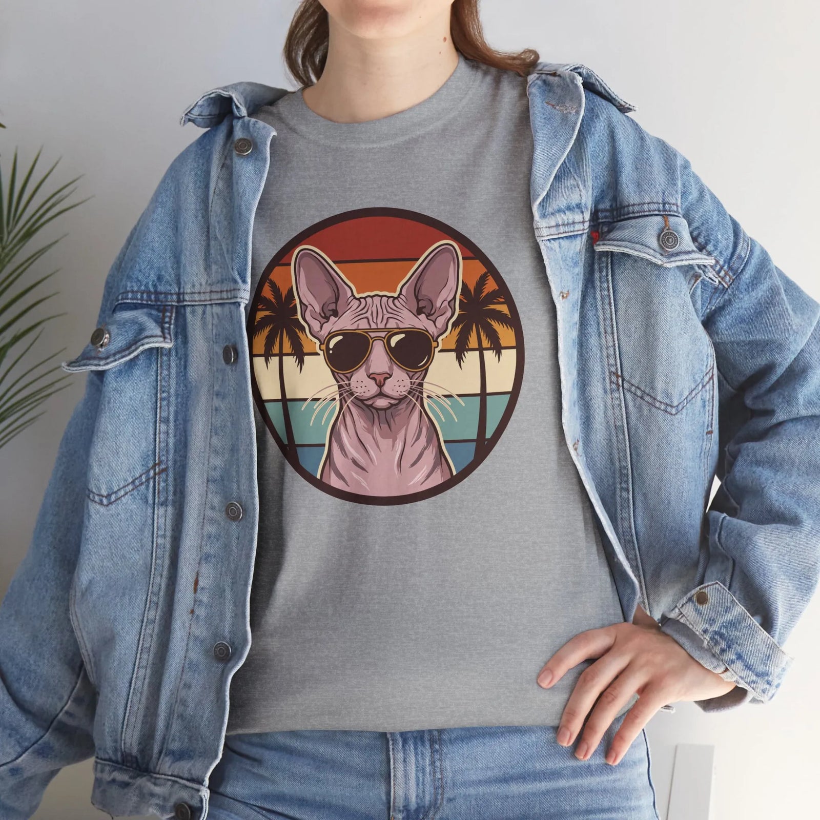 Sphynx Cat 70s Sunset Aviators T-Shirt - Heavy Cotton Classic Fit Tee - Unisex White