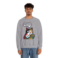 8-Bit Pixel Gaming Cat Sweatshirt - Heavy Blend Crewneck Classic Fit - Unisex White