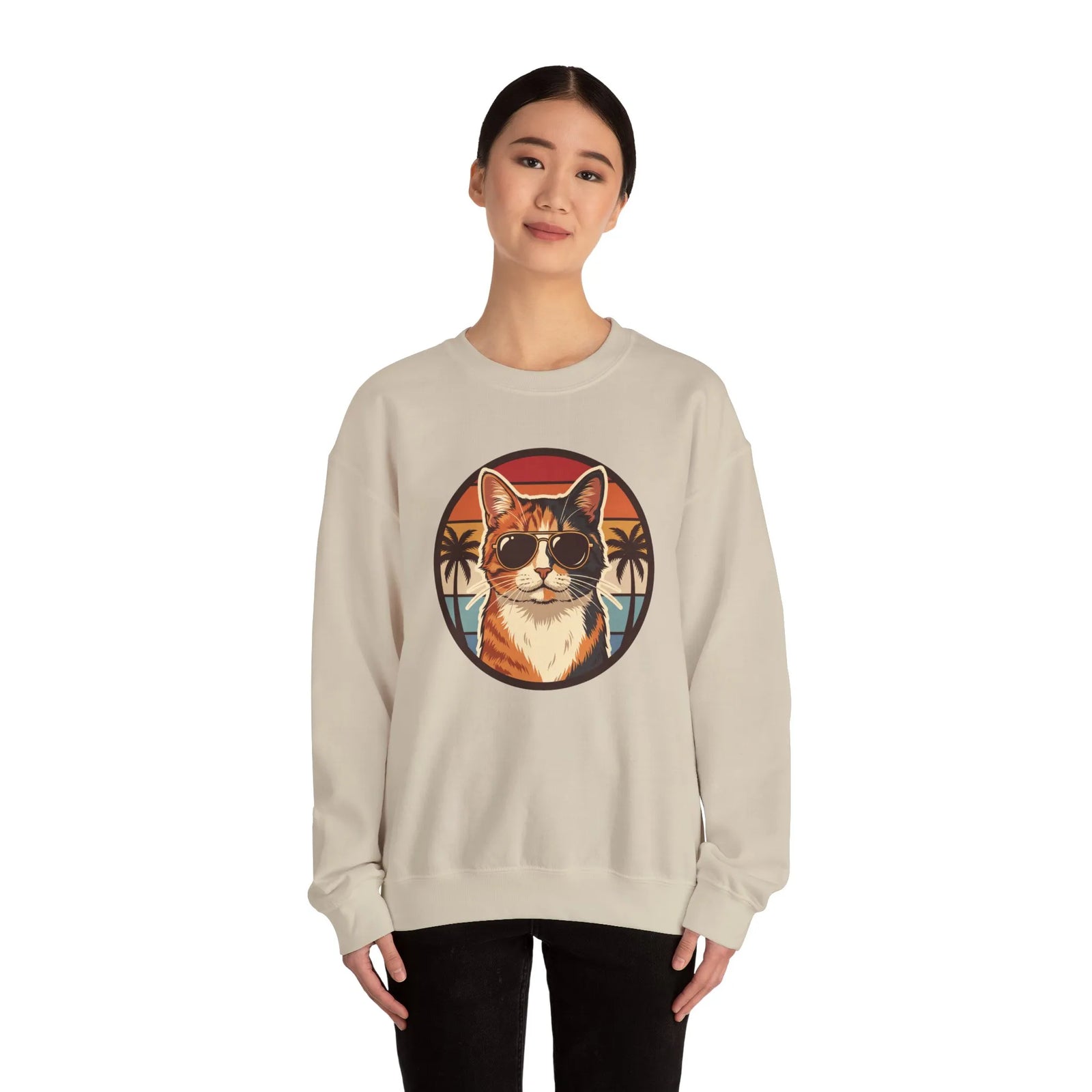 Calico Cool Cats 70s Sunset Aviators Sweatshirt - Medium Heavyweight Fleece Crewneck - Unisex White