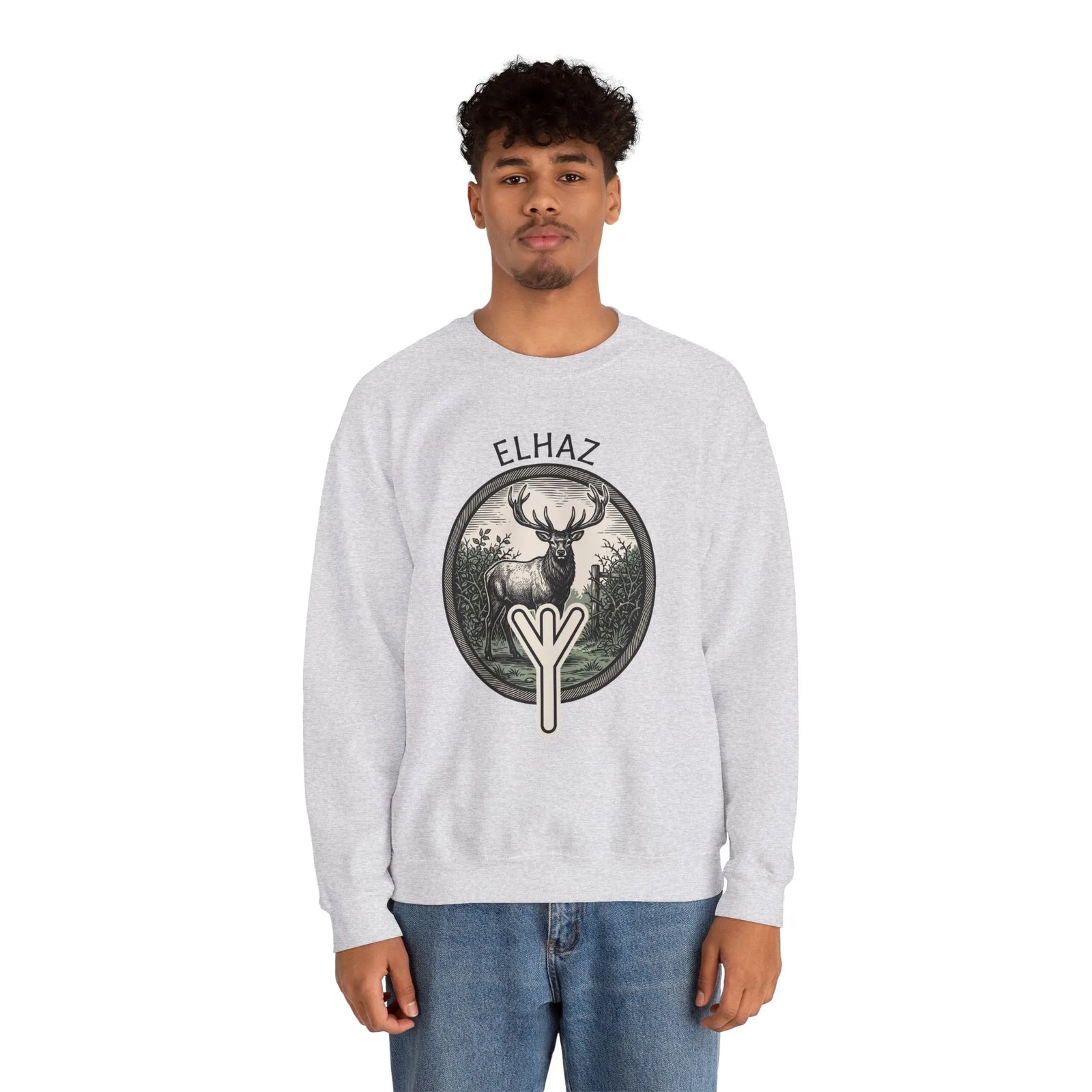 Elhaz Rune Protection Stag Sweatshirt - Medium-Heavy Cotton-Poly Crewneck - Unisex White