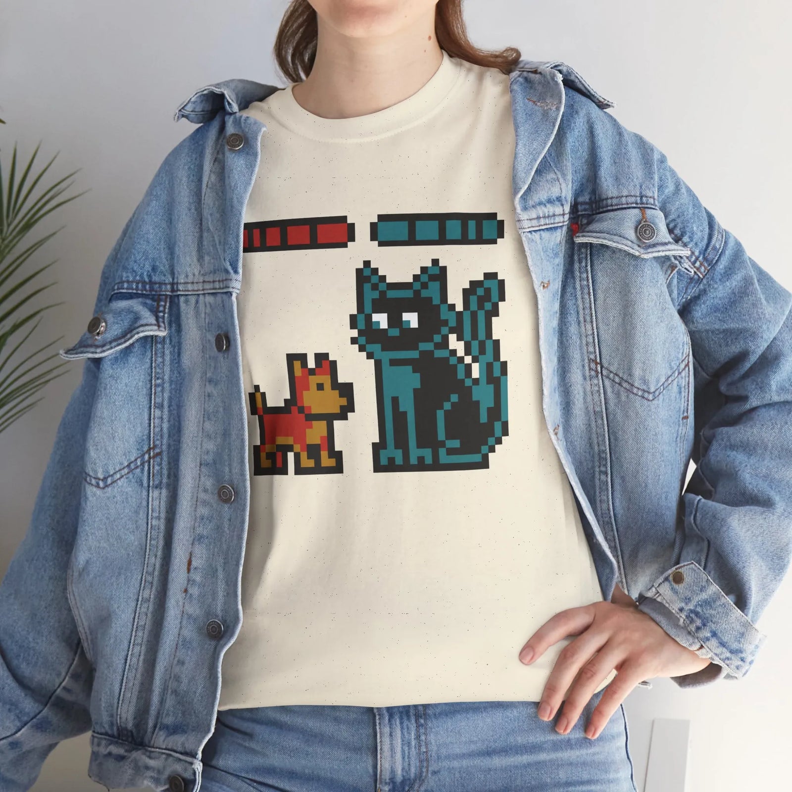 8-Bit Pixel Gaming Dogs Boss Fight T-Shirt - Heavyweight 100% Cotton Classic Fit - Unisex White