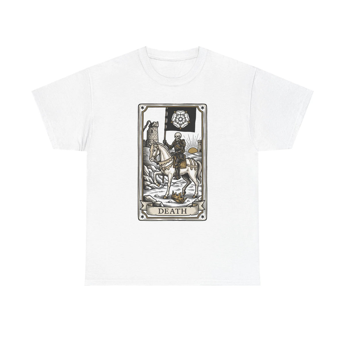 Death Tarot Card Knight Graphic T-Shirt - Heavyweight 100% Cotton Classic Fit Tee - Unisex White