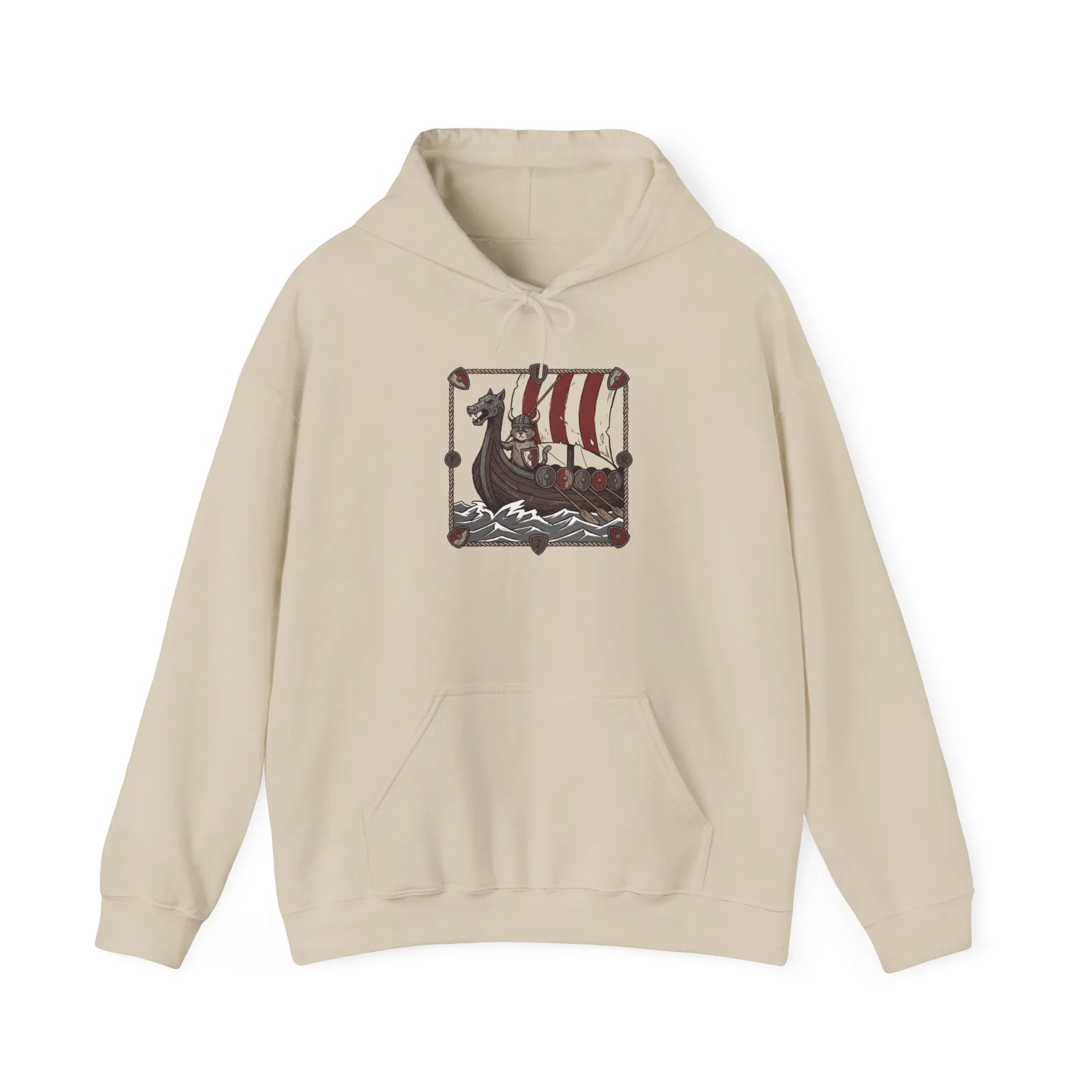 Viking Berserker Cats Longship Hoodie - Warm Cotton-Poly Fleece Pullover - Unisex White