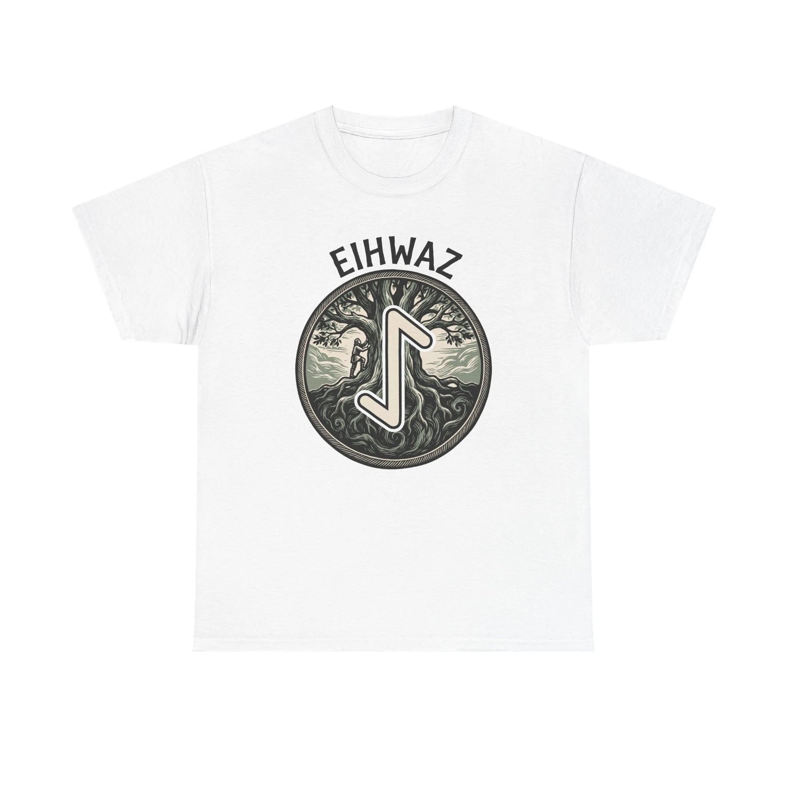 Eihwaz Yew World Tree Rune T-Shirt - Heavyweight 100% Cotton Classic Fit - Unisex White
