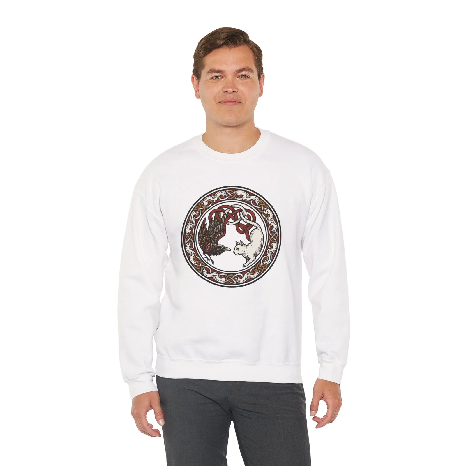 Norse Woodcut Cat & Raven Sweatshirt - Classic Fit Heavy Blend Crewneck - Unisex White