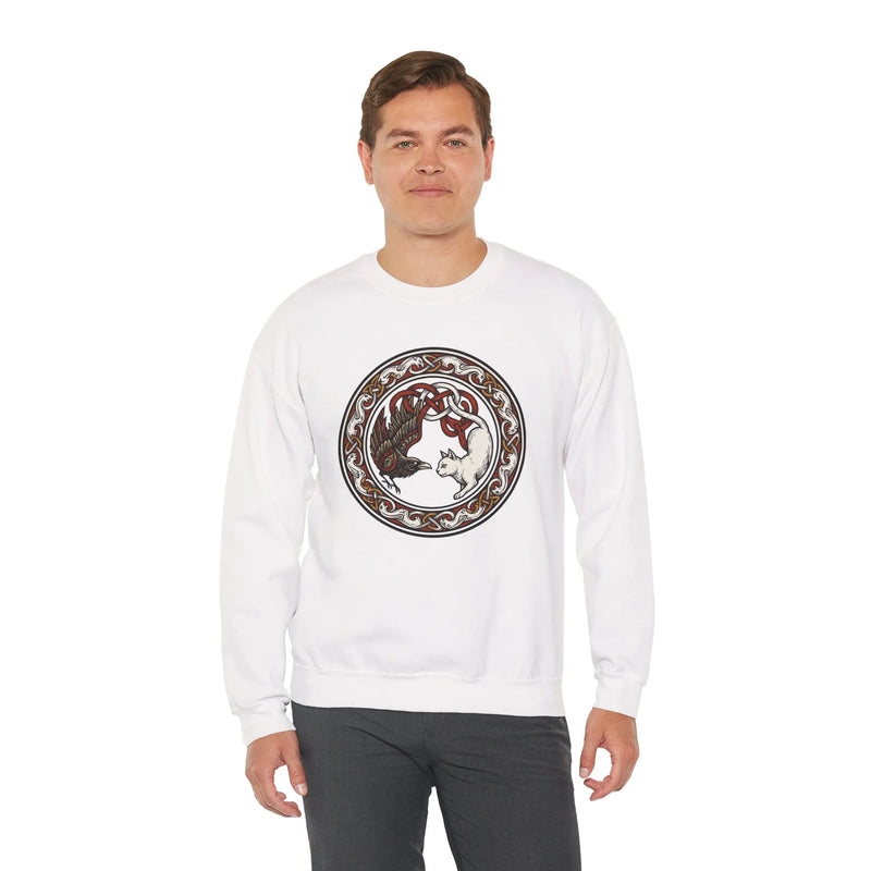 Norse Woodcut Cat & Raven Sweatshirt - Classic Fit Heavy Blend Crewneck - Unisex White