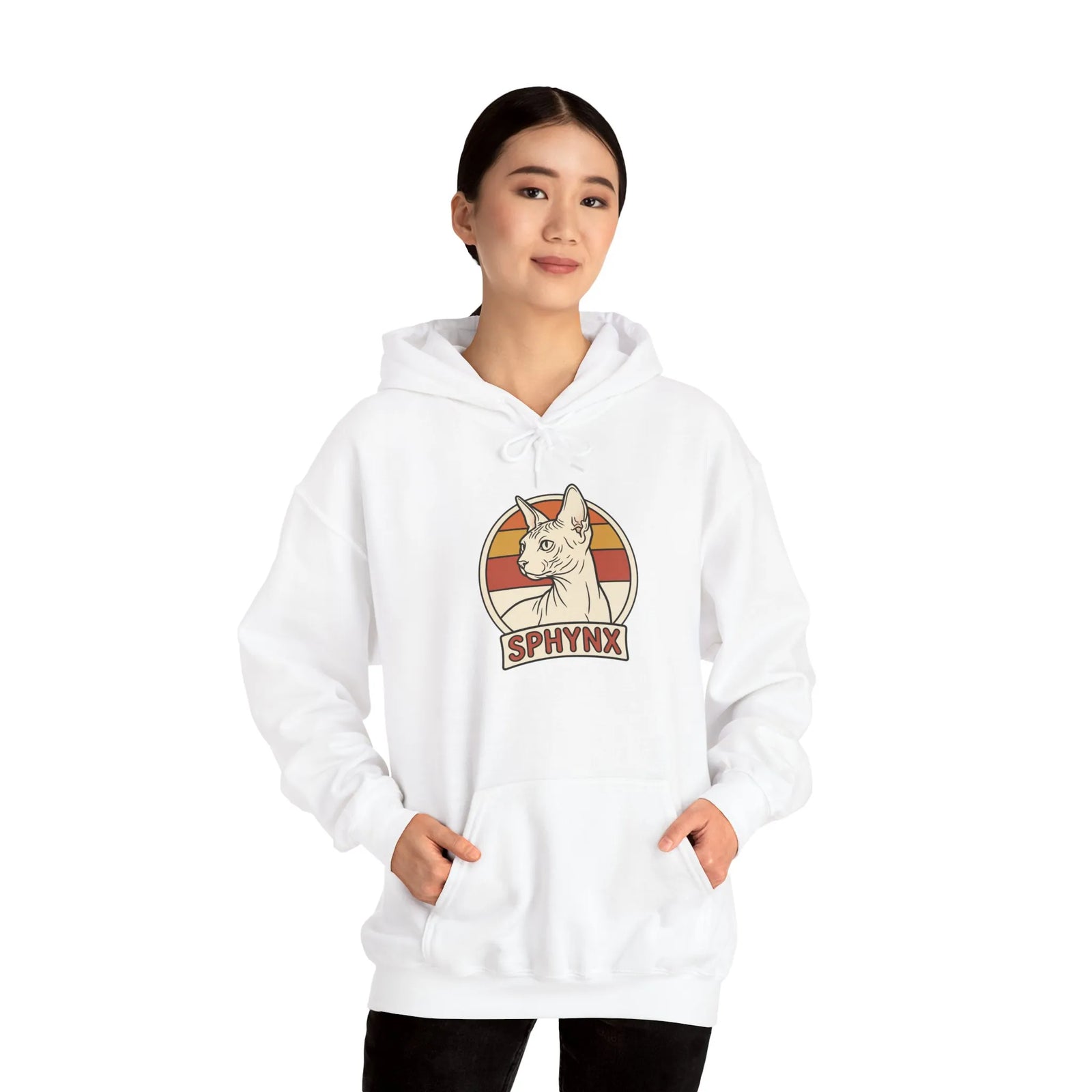 Sphynx Cat Retro Sunset Hoodie - Soft Blend Fleece Pullover - Unisex Ash