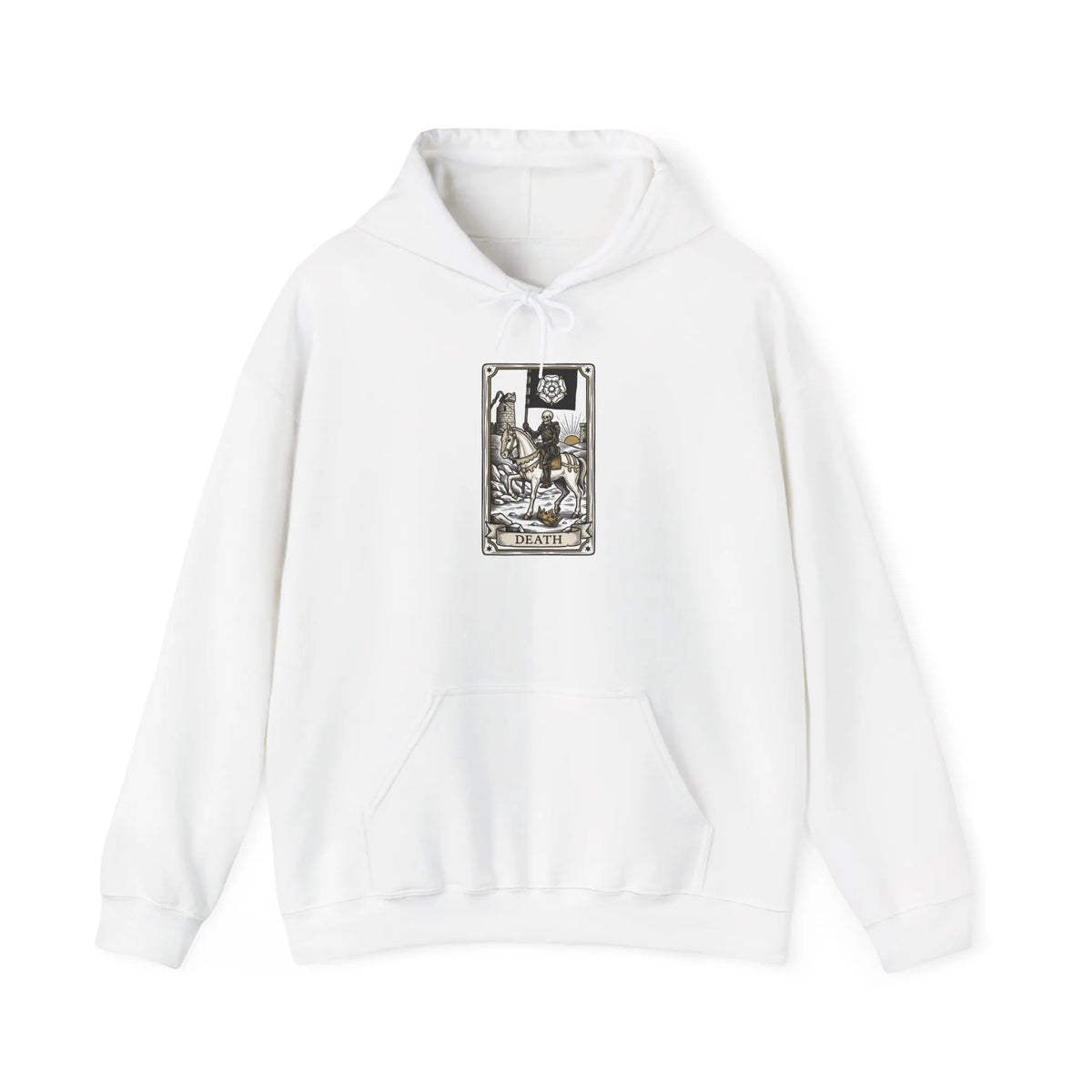 Death Tarot Card Graphic Hoodie - Medium-Heavy Cotton-Poly Blend Pullover - Unisex White