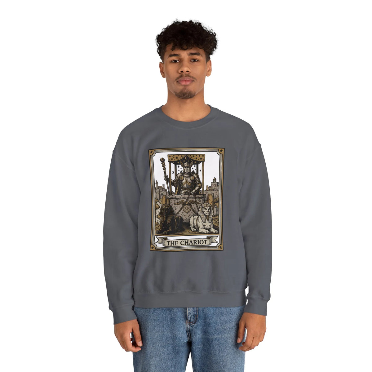The Chariot Tarot Card Sweatshirt - Heavy Blend Cotton-Poly Crewneck - Unisex White