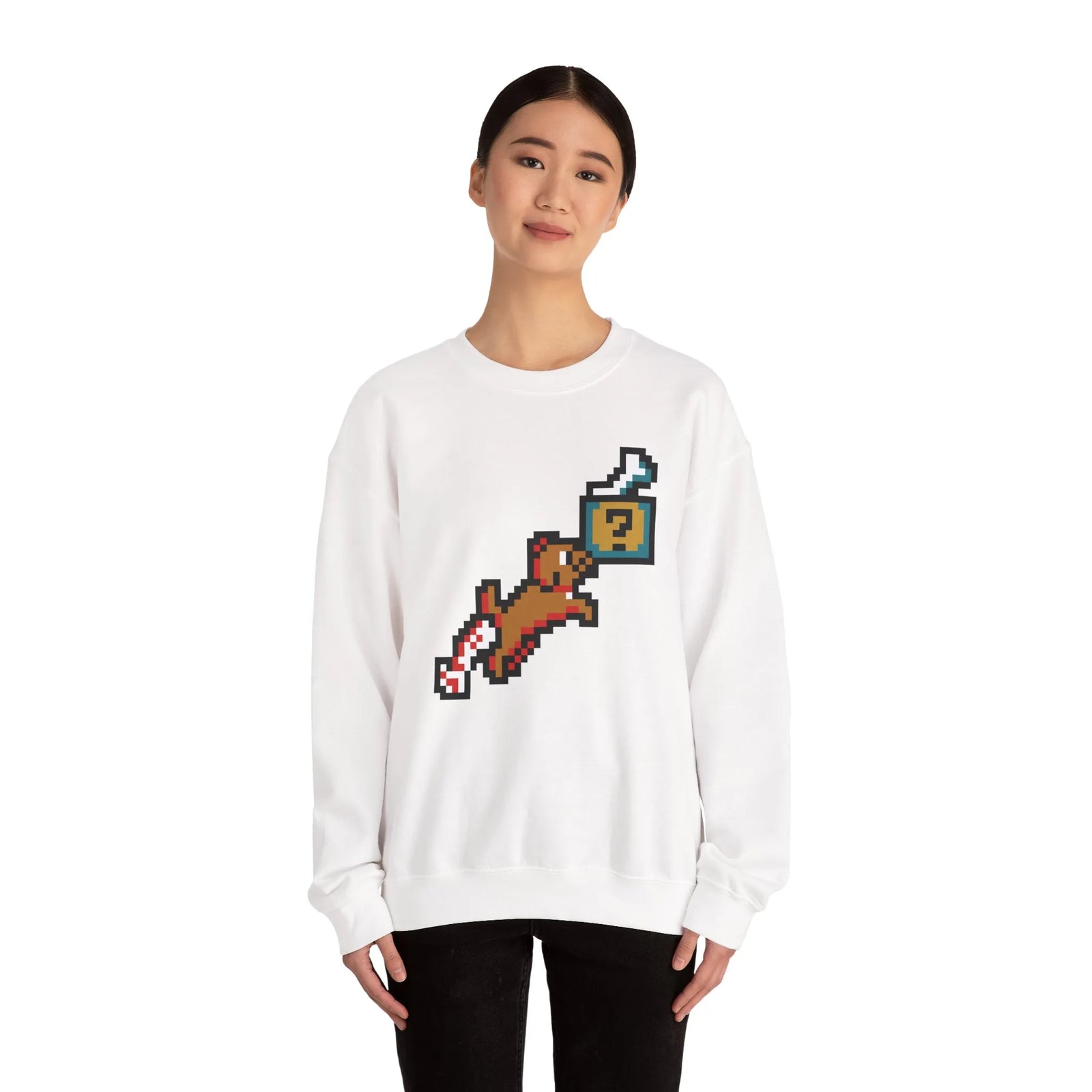 Fetch Quest 8-Bit Pixel Gaming Dog Sweatshirt - Heavy Blend Cotton Polyester Crewneck - Unisex White