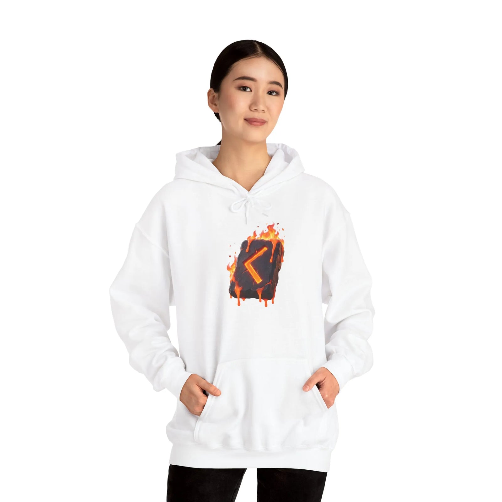 Kenaz Rune Torch Flame Hoodie - Soft Fleece Pullover Hoodie - Unisex White