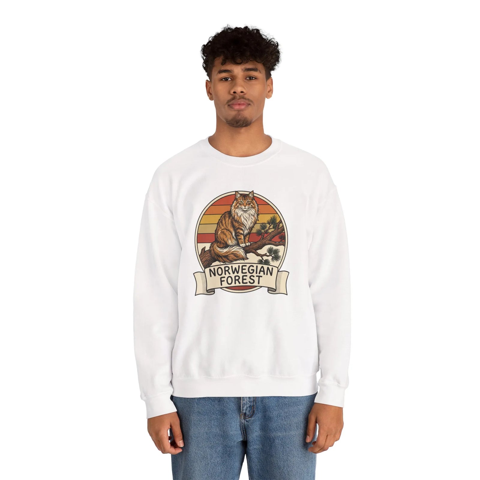 Norwegian Forest Cat Retro Sunset Sweatshirt - Heavy Blend Fleece Crewneck - Unisex White