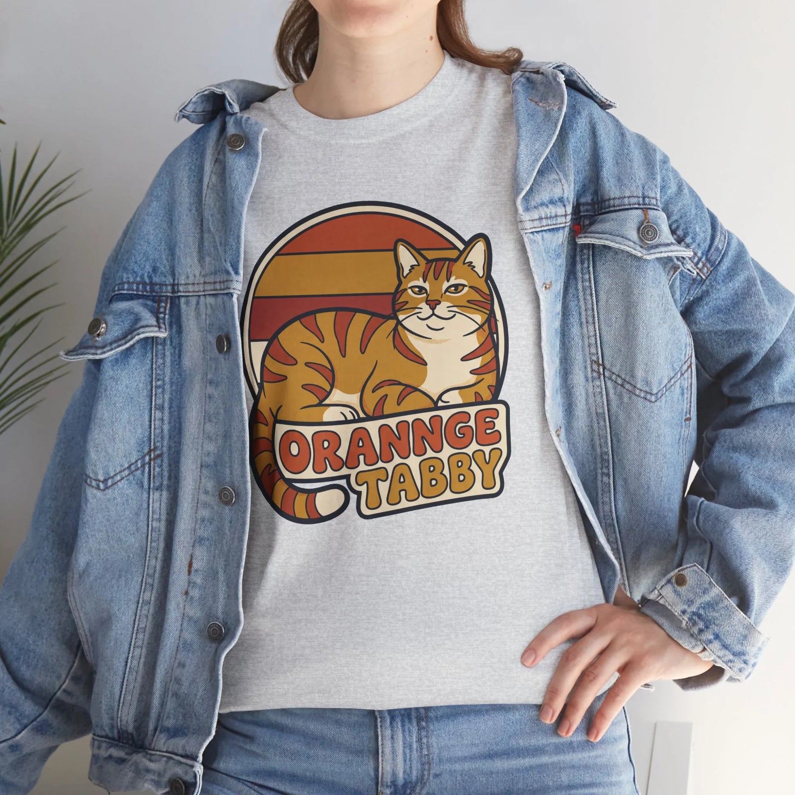 Retro 70s Sunset Orange Tabby T-Shirt - Heavyweight 100% Cotton Classic Fit - Unisex Off White