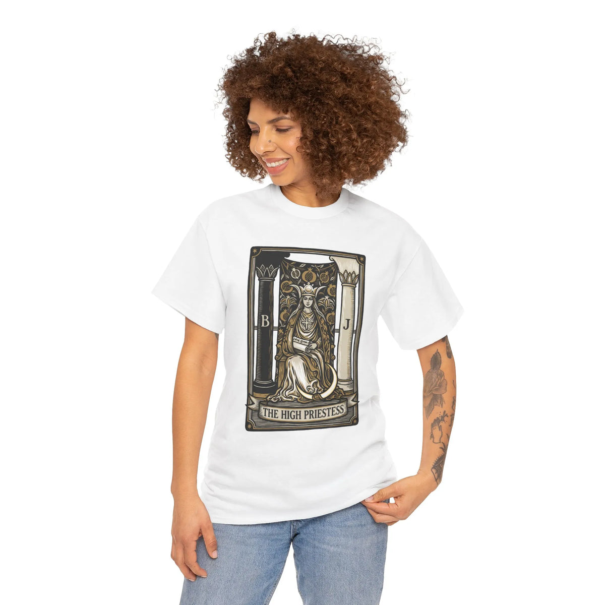 The High Priestess Tarot Card T-Shirt - Heavy Cotton Classic Fit Tee - Unisex White