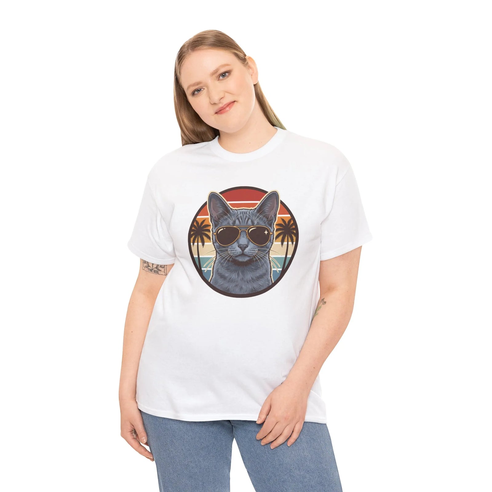 Russian Blue Cat Aviator T-Shirt - Heavy Cotton Classic Fit Tee - Unisex White