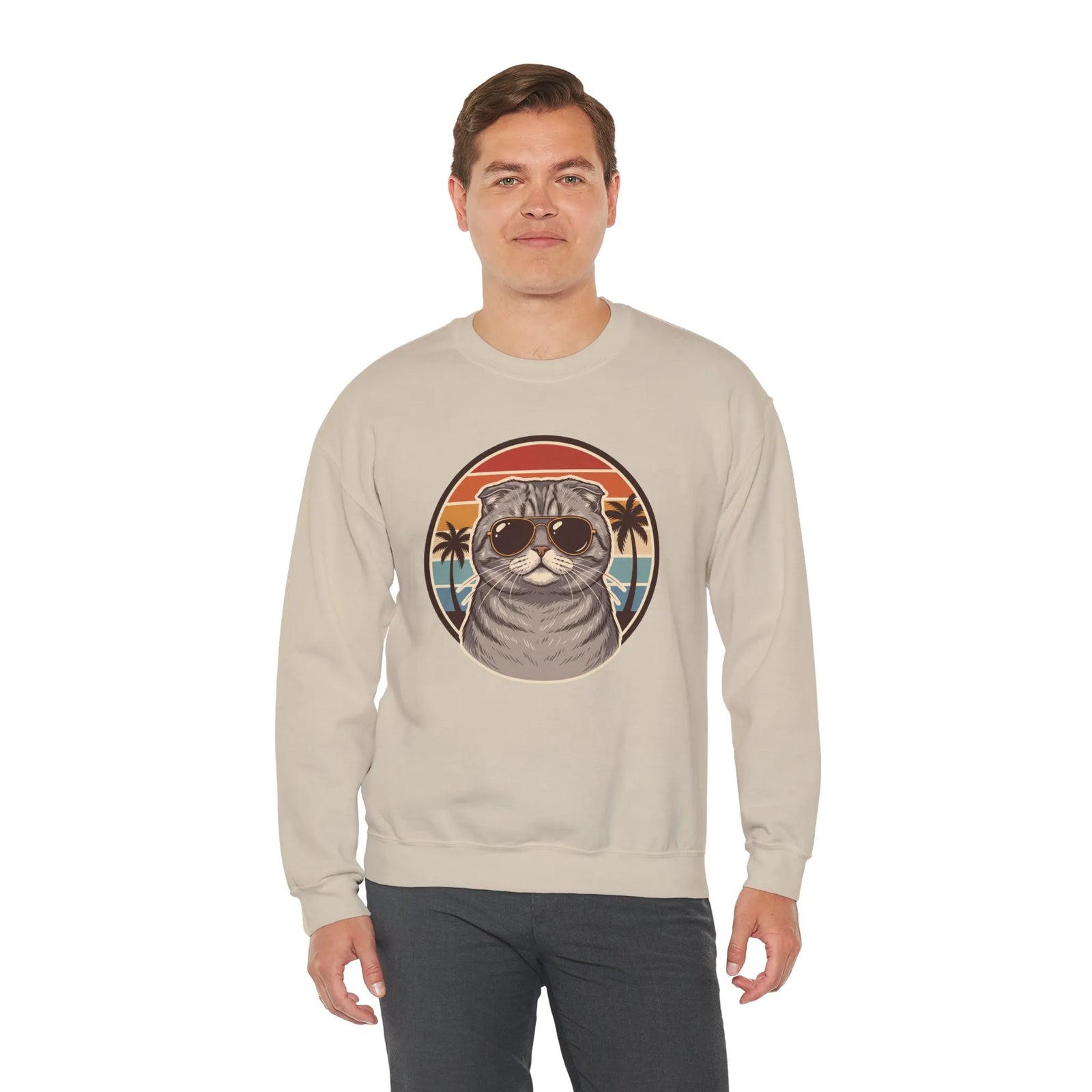 Scottish Fold Cat 70s Sunset Sweatshirt - Heavy Blend Fleece Crewneck - Unisex Ash