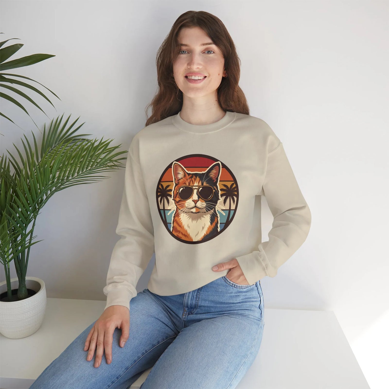 Calico Cool Cats 70s Sunset Aviators Sweatshirt - Medium Heavyweight Fleece Crewneck - Unisex White